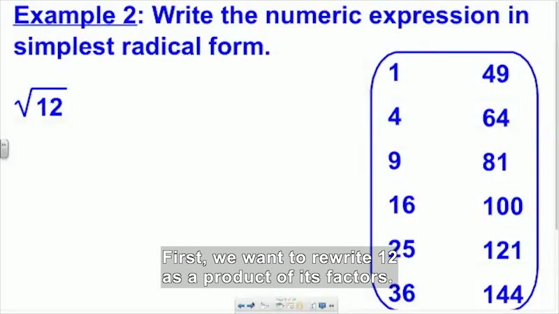 Aerial side view of a hand using a stylus to work out a math problem on a computer screen. Text on screen reads, "Example 2. Write the numeric expression in its simplest radical form."