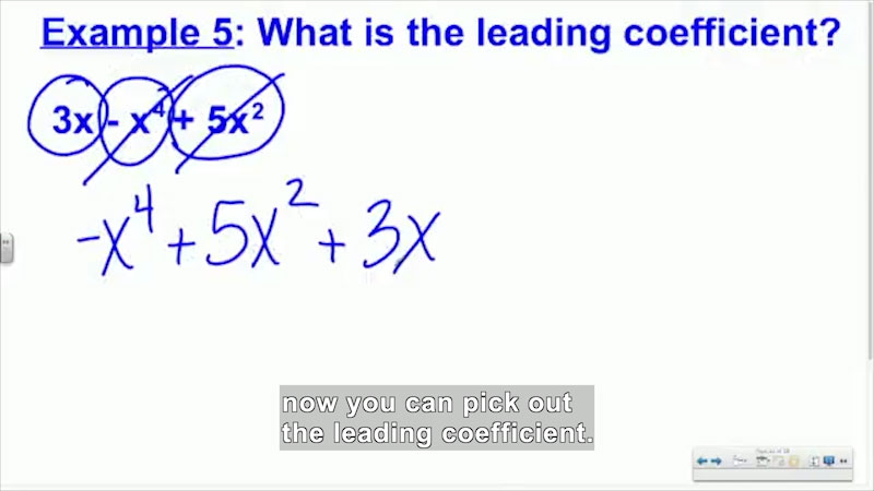 Split screen. The left is a white background with blue text that reads, "How did I get that?" followed by the algebra equation, 9, X, sup 5, Y minus 4, X sup 3, plus X squared. To the right, a woman works through the problem using a screen in front of her.