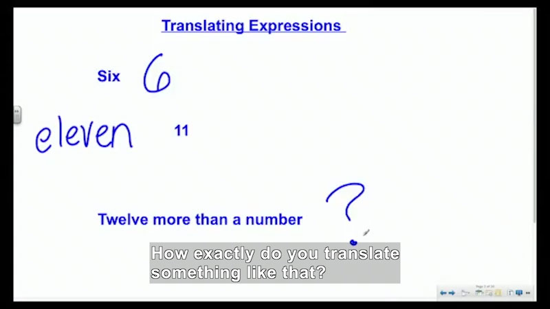 Split screen. The left is a white background with a chart with 2 rows and 3 columns labeled, "Verbal, Explanation, Example." The boxes are filled in with a combination of typed and handwritten text. To the right, a woman works through the problem using a screen in front of her.