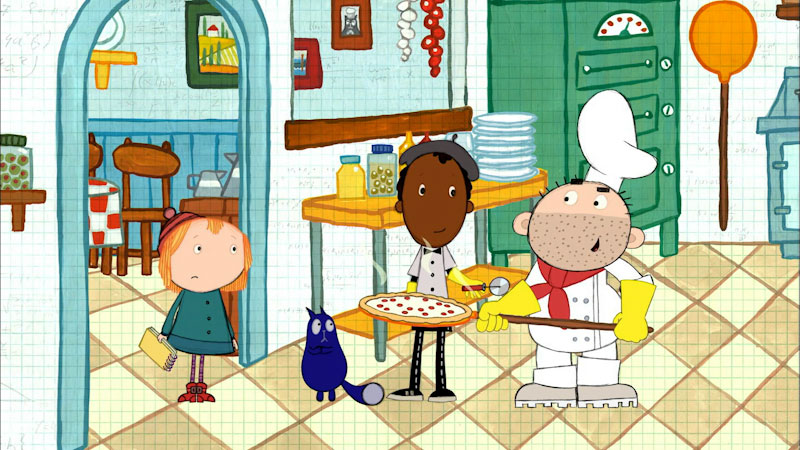 Still image from: Peg + Cat: The Pizza Problem / The Pizza Pirate Problem