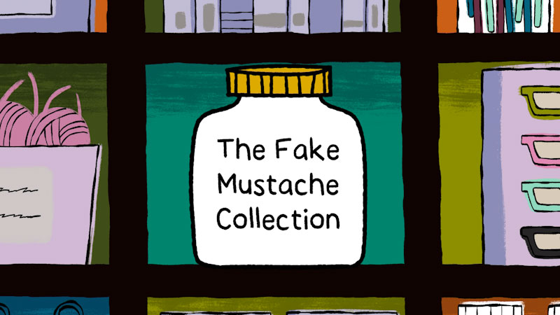 Still image from: Carl the Collector: The Fake Mustache Collection / The Lint Dinosaur Collection
