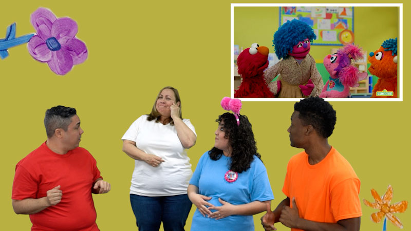 Still image from: Plaza Sésamo in ASL: Learning Party - Abby, Elmo and Rudy and Teacher Miss Jennifer (Spanish)