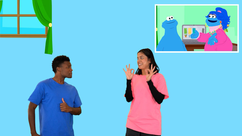 Still image from: Plaza Sésamo in ASL: Making a Spending Plan Together - Cookie Monster and Mommy (Spanish)