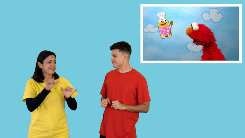 Still image from: Plaza Sésamo in ASL: El mundo de Elmo - Cocinar (Spanish)