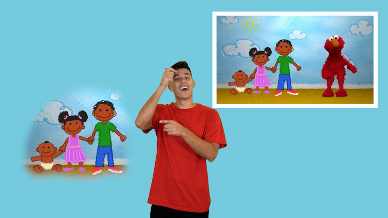 Still image from: Plaza Sésamo in ASL: El mundo de Elmo - Hermanos y hermanas (Spanish)