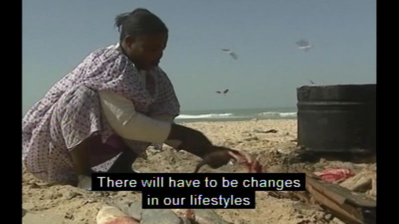 Person crouching in the sand next to a large metal tub with the ocean in the background. Caption: There will have to be changes in our lifestyles